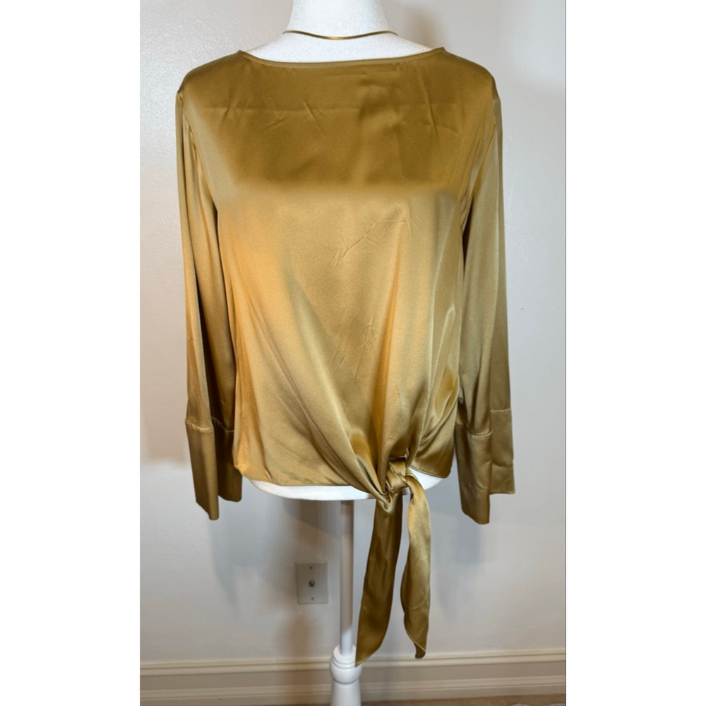 Cinq à Sept Gold Silk Blouse M, voluminous tie.